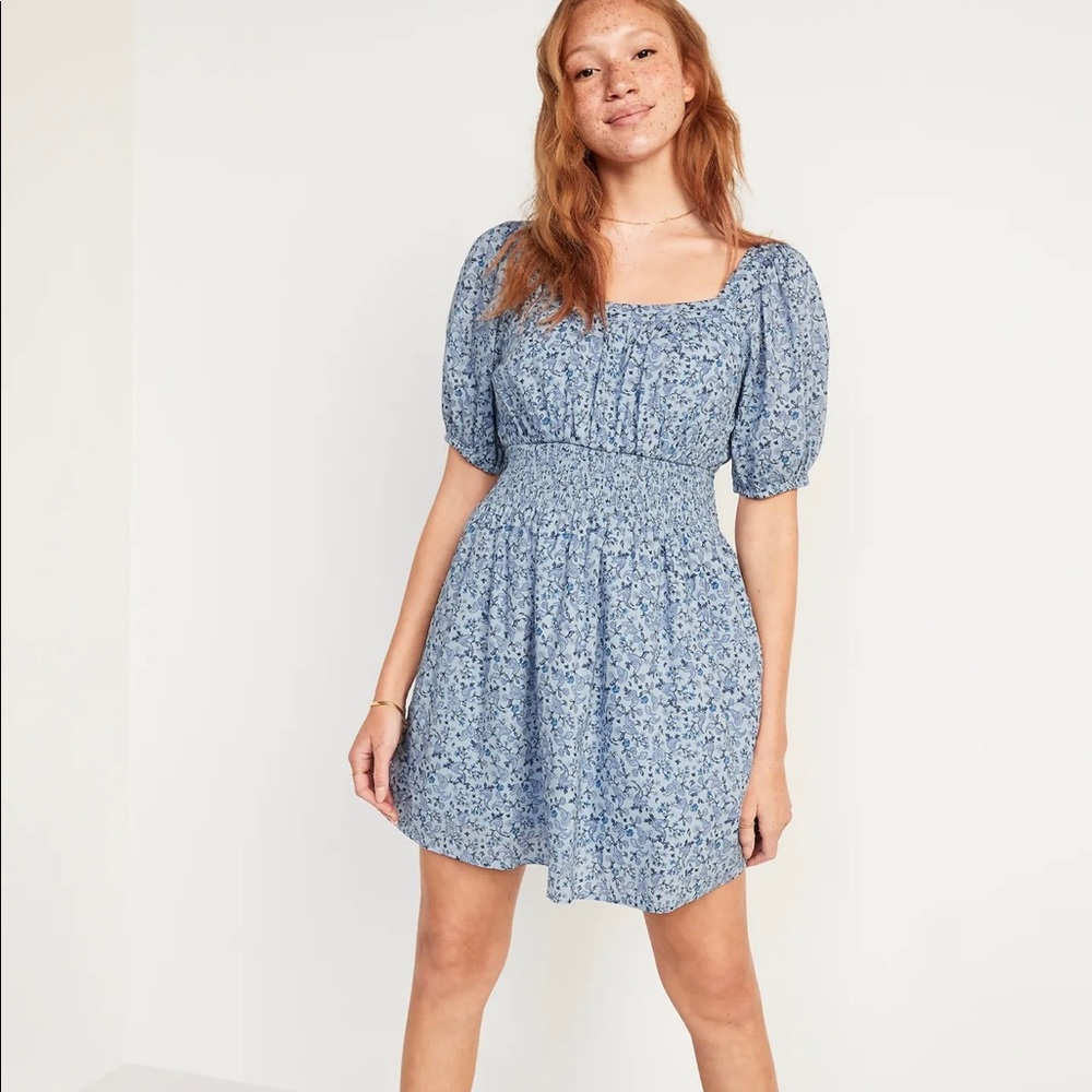 Old Navy Waist-Defined Puff-Sleeve Smocked Mini Dress